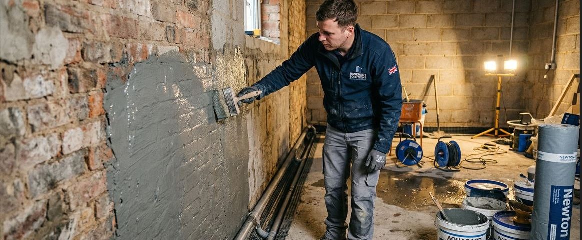 A specialist contractor applying waterproofing membrane to a basement retaining wall during a residential basement waterproofing project in the UK