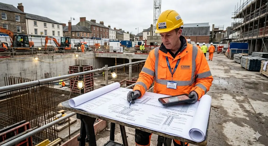 CSSW-qualified waterproofing design specialist reviewing structural drawings for a basement waterproofing project on a UK construction site.