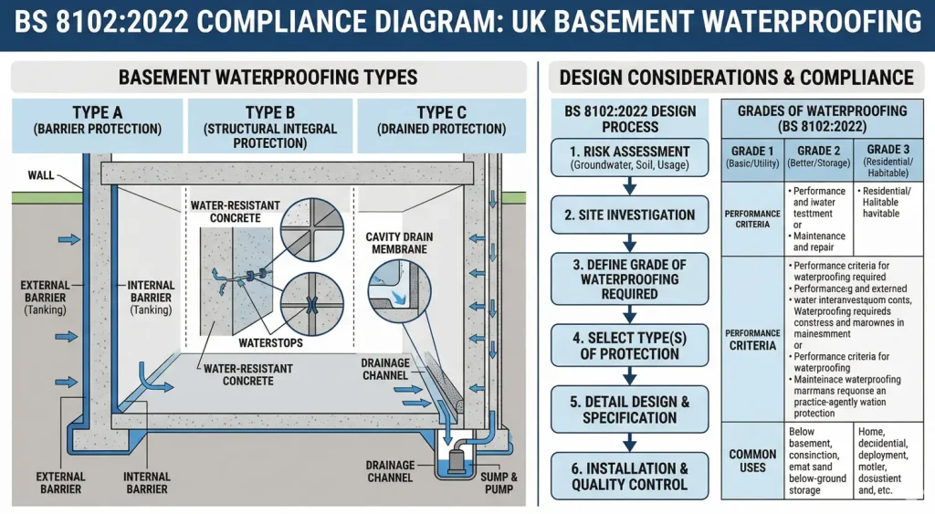 Diagram illustrating BS 8102:2022 compliance requirements for a below-ground basement structure in the UK, showing Type A, B and C waterproofing layers.