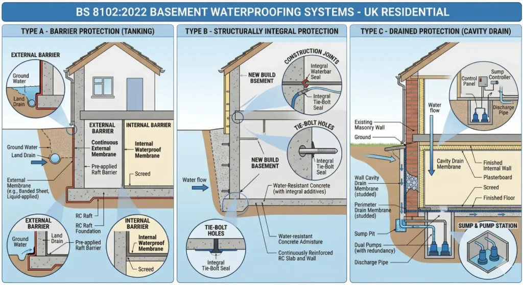 Diagram showing Type A, Type B and Type C basement waterproofing systems as defined by BS 8102:2022 in a UK residential property.