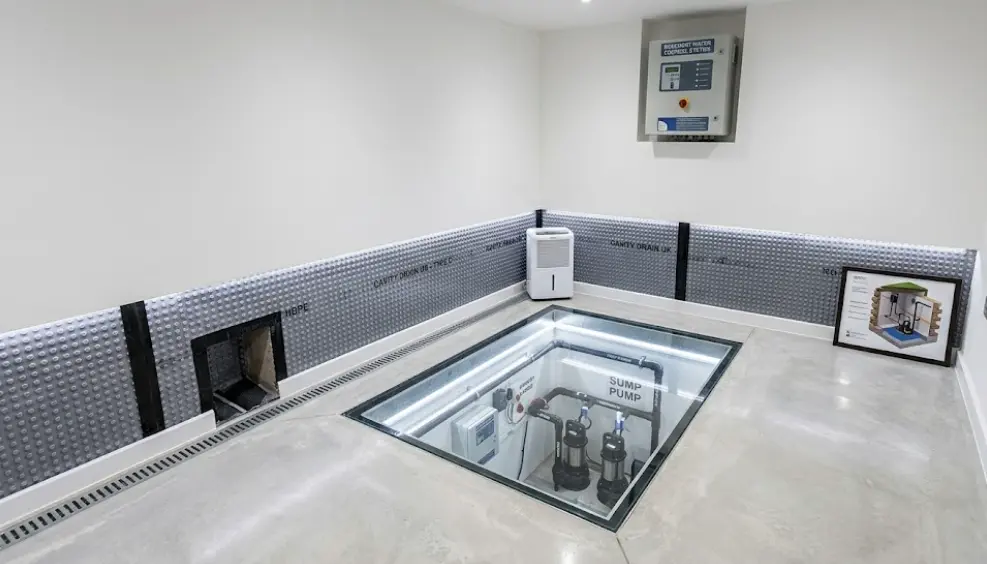  Completed sump pump chamber and cavity drain perimeter drainage channel installation in a UK residential basement as part of a Type C waterproofing system