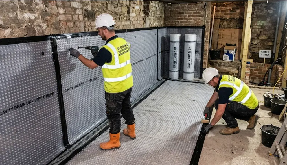 HDPE studded cavity drain membrane being fixed to internal basement walls during a Type C waterproofing installation in a UK residential property.