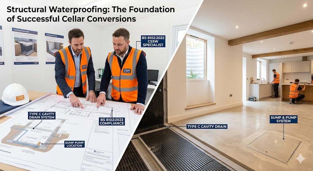 Alt text: An independent CSSW-qualified waterproofing design specialist reviewing structural waterproofing plans and specifications for a UK basement project in 2025.