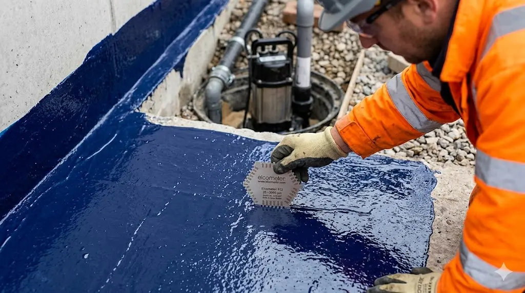Contractor checking waterproofing membrane thickness on a UK construction site