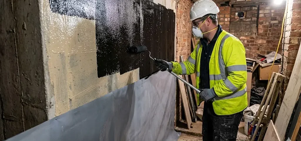 Contractor applying waterproofing membrane to basement wall in UK construction project